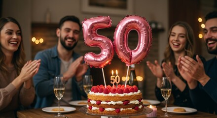50th birthday cake. Celebrating Fiftieth Birthday with Cake and Cheering Friends