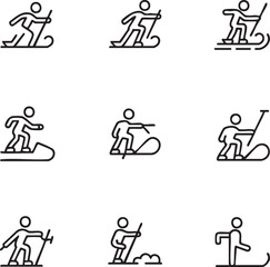 Winter sports vector icon set line style,minimalist skiing,snowboarding,sledding,snowshoeing,winter activities,outdoor recreation,snow sports,winter vacation,winter travel icon set