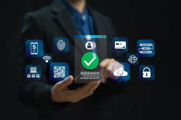 Cybersecurity, Two-step online authentication concept, Businesswomen use smartphones log in to their personal security system and Verify Success, Data protection, Banking, Money transfer, Fingerprint