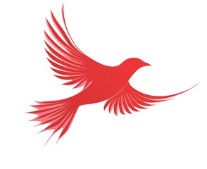 Red bird in flight against white background.  Stylized design
