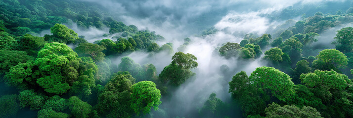 Mystical cloud forest with white fog drifting between dense green treetops, pristine rainforest canopy, ethereal mist, dramatic natural lighting, untouched wilderness, Amazon jungle atmosphere,
jungle