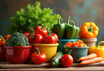 vibrant vegetable arrangements colorful glazed ceramics artistic still life, bright, tableau, decoration, handcrafted, design, tableware, fruit, bowl, plate