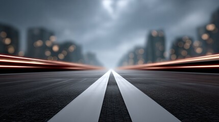 Fototapeta premium Dynamic Viewpoint of a Digital Communication Grid in Urban Transport Setting Nighttime Futuristic Road Perspective