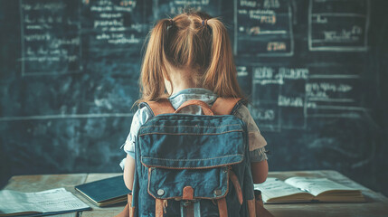 A child’s school backpack merged with test scores and standardized exams, symbolizing educational pressure.