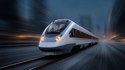 Obraz premium Futuristic Data Train Racing Through Digital Landscape Urban Setting Motion Blur Technology Concept