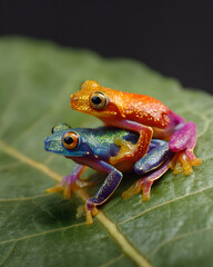 Obraz premium Colorful frogs on green leaf -