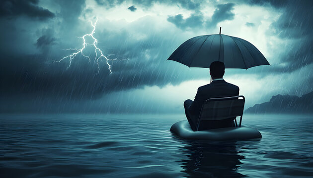 A businessman under an umbrella sits in a chair that floats in the middle of a stormy sea. There is a thunderstorm with lightning in the sky