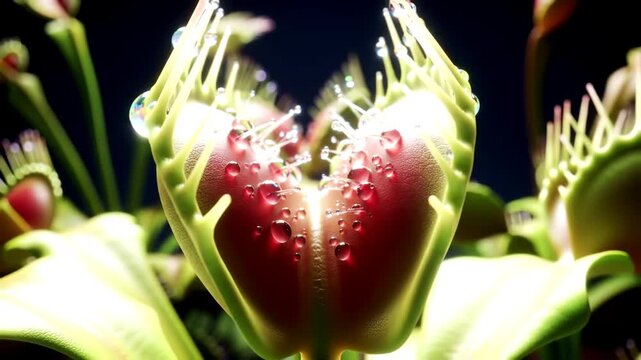 Dramatic macro shot pulling back from a carnivorous Venus flytrap covered in glistening dew drops