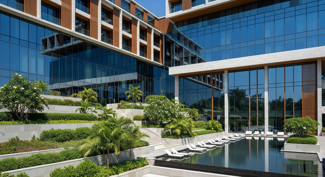 A modern luxury hotel with clean lines, neutral tones, glass, and lush landscaping under daylight.