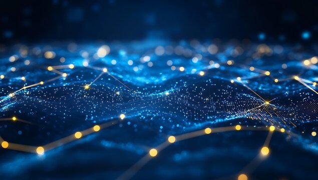 Abstract blue digital network with glowing yellow nodes and lines technology