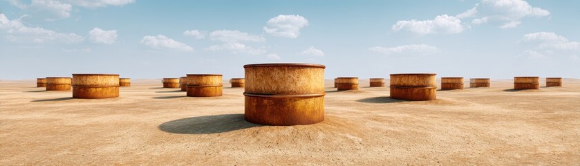 Rusted oil barrels scattered across a barren, dry landscape under a cloudy sky.
