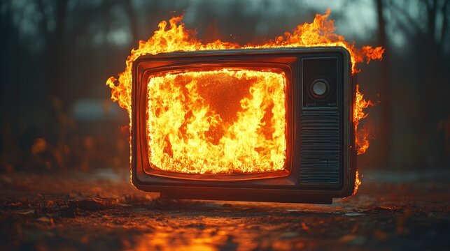Burning vintage television in forest - Powered by Adobe