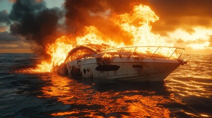 Burning yacht at sea