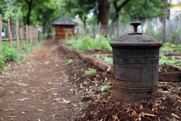 Naklejka premium Vintage Metal Trash Can in Serene Garden Pathway with Greenery