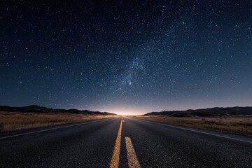 Starry night road stretches into distance
