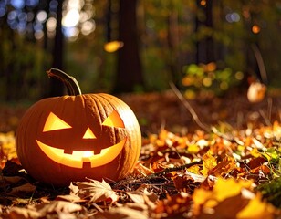 Illuminated jack-o'-lantern in autumnal forest