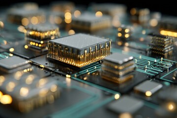 Close up of computer circuit board technology semiconductor chip processor motherboard components detail design