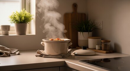 Steaming hot pot on kitchen counter with sunlit decor and green plant in cozy setting