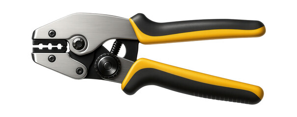 Obraz premium Ratchet crimping pliers with an adjustable tension mechanism for electrical work in a home DIY toolbox.