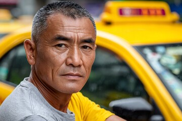 Taxi driver posing next to his yellow cab in the city
