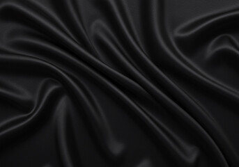 Luxurious flowing black satin fabric with elegant soft folds and highlights creating a smooth textured background
