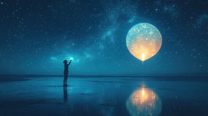 Child reaching for glowing moon balloon