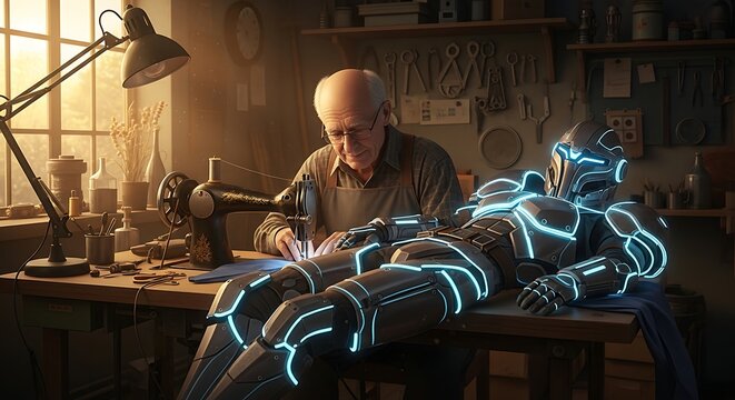 Artisan Repairing Futuristic Robotic Suit in Sunlit Workshop – Sci-Fi Craftsmanship and Tech Fusion - Powered by Adobe