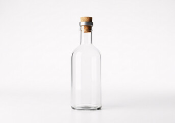 A clear glass bottle with a cork stopper and metal collar stands upright against a clean white background studio shot