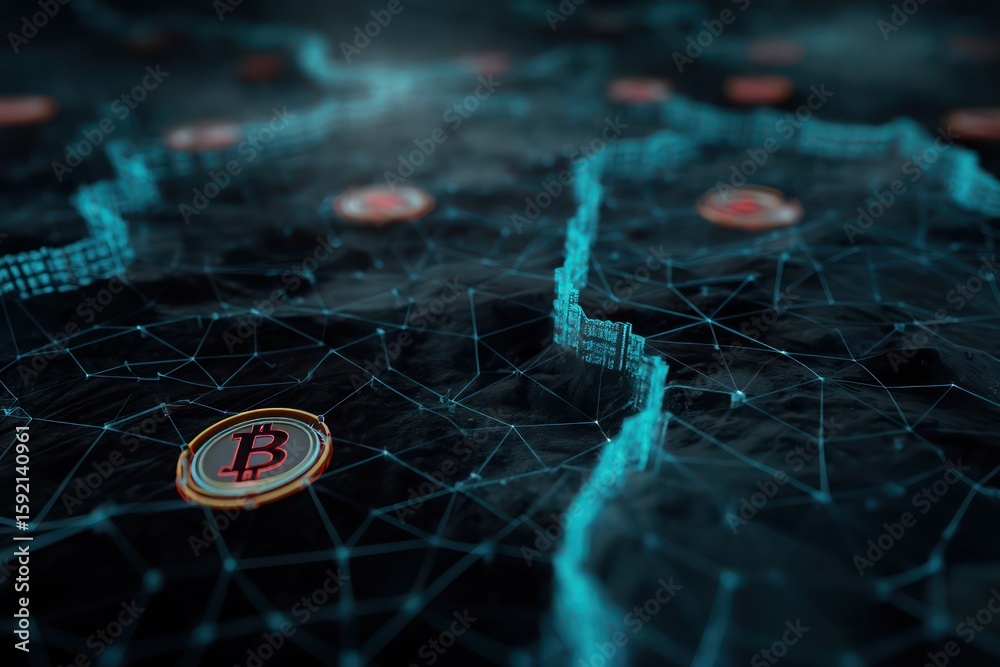 Poster Digital representation of cryptocurrency mining and blockchain technology within a secure ecosystem.