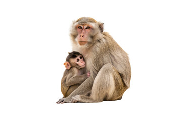 Naklejka premium Adult monkey holds infant close, nurturing parental care, beige fur coloration, bonding behavior, protective embrace, isolated on a transparent background
