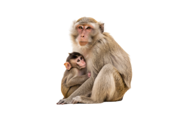 Adult monkey holds infant close, nurturing parental care, beige fur coloration, bonding behavior, protective embrace, isolated on a transparent background