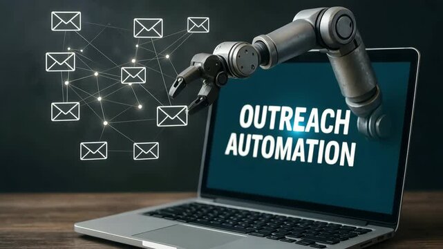 Outreach automation visualized on a laptop with robotic arm and email symbols