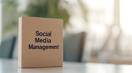 Social Media Box: Conceptual box centered, representing digital strategy and content management for online platforms on a modern table.