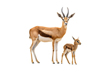 Obraz premium Tan colored gazelle with black striped horns standing over small brown spotted baby in caring family grouping, isolated on a transparent background