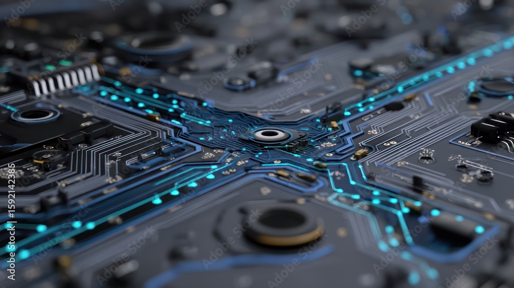Poster seamless digital circuit design combining cyberspace with advanced tech, highlighting data flow.