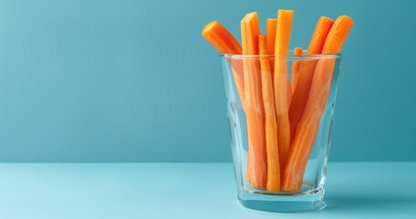 A crisp and simple design is created by the bright orange carrot sticks in a clear glass set against a gentle blue backdrop, Generative AI.