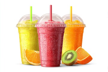 A cup with a set of fruit smoothies, orange juice, and straws, isolated on white, Generative AI.