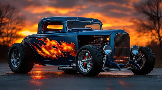 Classic hot rod coupe at sunset