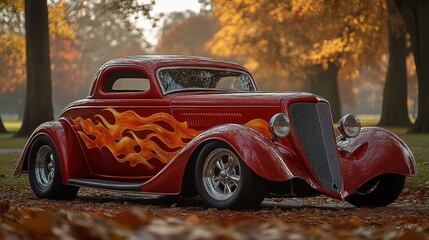 Classic red hot rod coupe in autumn park