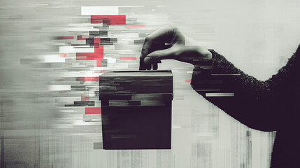 A hand holding a ballot box merged with fake news and manipulated algorithms, highlighting election interference
