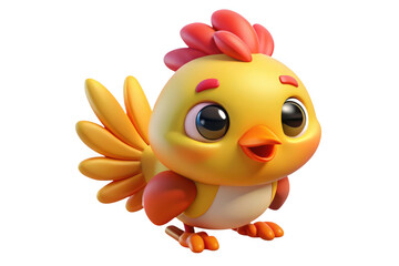 Cute cartoon yellow chick with red comb and orange wings isolated on transparent background