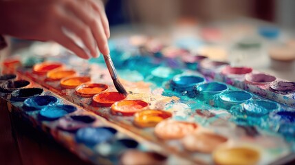 Colorful paint palette with 's hand holding brush.