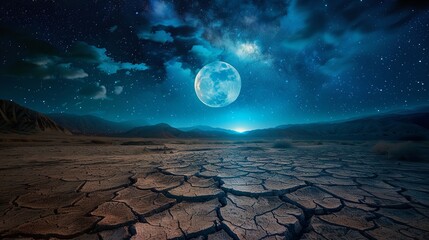 A landscape of cracked, parched dirt with a full moon and a starry night sky, surrounded by sporadic clouds and far-off mountains, Generative AI.