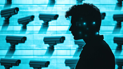 A human silhouette filled with a grid of surveillance cameras, showing privacy concerns in the digital age.