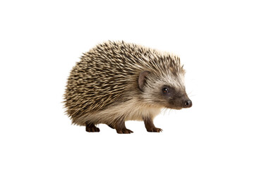 Obraz premium Small brown hedgehog with spiky quills covering back and sides facing right in profile, isolated on a transparent background