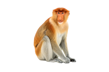 Orange proboscis monkey with large nose sitting upright displaying distinctive facial features and fur, isolated on a transparent background
