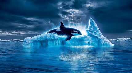 Fototapeta premium Orca leaping over a glowing iceberg in a dark blue ocean under dramatic skies