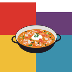 Colorful seafood stew in black pot on bright background  