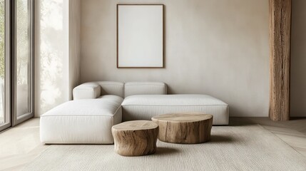 Modern living room scene with light beige sectional and wooden coffee tables.