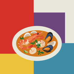 Colorful seafood soup in white bowl with fresh herbs and lime  
